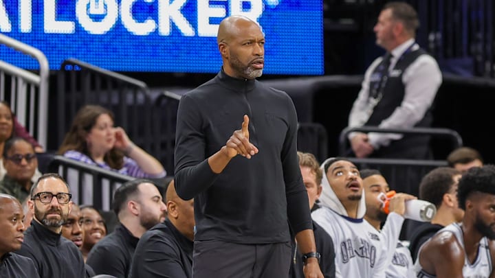 Mar 31, 2025; Orlando, Florida, USA; Orlando Magic head coach Jamahl Mosley during the second quarter against the LA Clippers at Kia Center. Mandatory Credit: Mike Watters-Imagn Images
