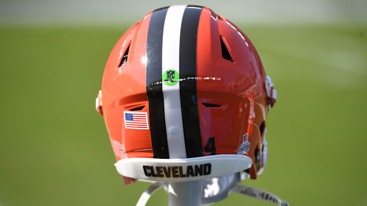 Oct 13, 2024; Philadelphia, Pennsylvania, USA; Cleveland Browns helmet on the bench before game against the Philadelphia Eagles at Lincoln Financial Field. Mandatory Credit: Eric Hartline-Imagn Images