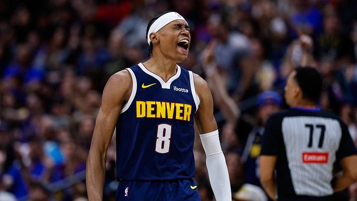 Mar 25, 2026; Denver, Colorado, USA; Denver Nuggets guard Peyton Watson (8) reacts after a play in the fourth quarter against the Dallas Mavericks at Ball Arena. Mar 25, 2026; Denver, Colorado, USA; Denver Nuggets guard Peyton Watson (8) reacts after a play in the fourth quarter against the Dallas Mavericks at Ball Arena.