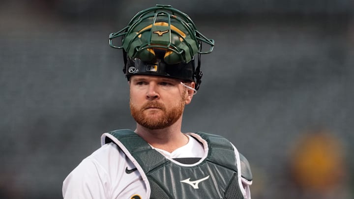 Aug 21, 2024; Oakland, California, USA; Oakland Athletics catcher Kyle McCann (52) during the fifth inning against the Tampa Bay Rays at Oakland-Alameda County Coliseum. Mandatory Credit: Darren Yamashita-Imagn Images