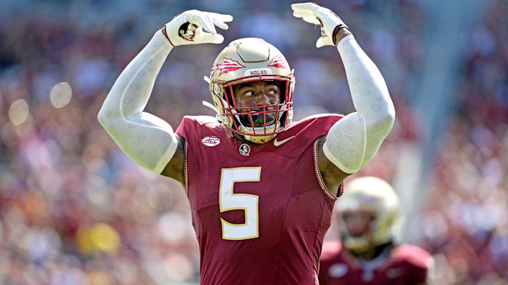 Oct 14, 2023; Tallahassee, Florida, USA; Florida State Seminoles defensive end Jared Verse (5)