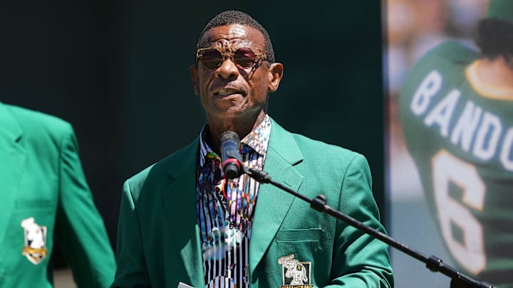 Aug 7, 2022; Oakland, California, USA; Oakland Athletics former outfielder Rickey Henderson speaks during a ceremony before the game against the San Francisco Giants at RingCentral Coliseum. Mandatory Credit: Darren Yamashita-Imagn Images