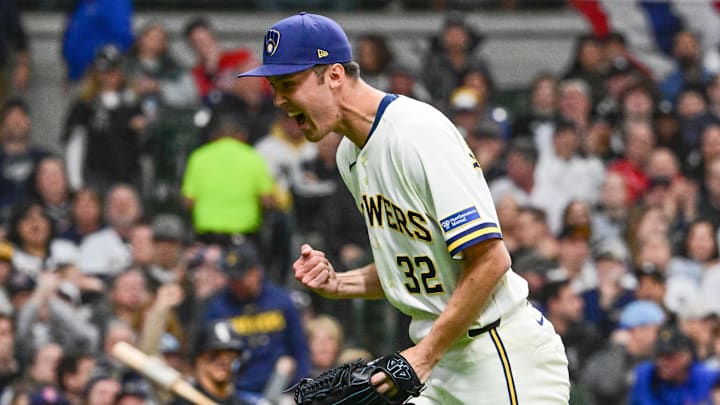 Mar 26, 2026; Milwaukee, Wisconsin, USA; Milwaukee Brewers starting pitcher Jacob Misiorowski (32) reacts after pitching against the Chicago White Sox at American Family Field. Mandatory Credit: Benny Sieu-Imagn Images