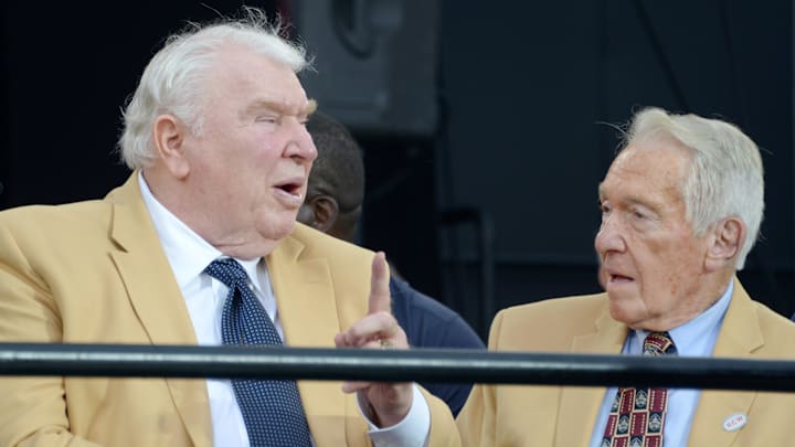 Aug 2, 2014; Canton, OH, USA; John Madden (left) and Marv Levy at the 2014 Pro Football Hall of Fame Enshrinement at Fawcett Stadium