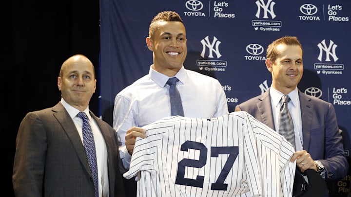 Dec 11, 2017; Orlando, FL, USA; New York Yankees outfielder Giancarlo Stanton (27) is introduced