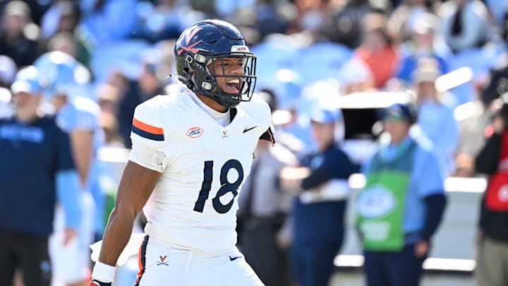 Oct 25, 2025; Chapel Hill, North Carolina, USA; Virginia Cavaliers safety Corey Costner (18) reacts in the first quarter at Kenan Stadium. Mandatory Credit: Bob Donnan-Imagn Images