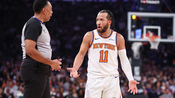 Apr 19, 2025; New York, New York, USA; New York Knicks guard Jalen Brunson (11) argues with an official in Game One of the First Round of the NBA Playoffs against the Detroit Pistons at Madison Square Garden. Mandatory Credit: Wendell Cruz-Imagn Images Apr 19, 2025; New York, New York, USA; New York Knicks guard Jalen Brunson (11) argues with an official in Game One of the First Round of the NBA Playoffs against the Detroit Pistons at Madison Square Garden. Mandatory Credit: Wendell Cruz-Imagn Images