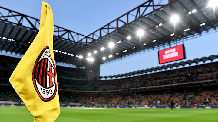 A crest of AC Milan is seen printed on a corner flag during... A crest of AC Milan is seen printed on a corner flag during...