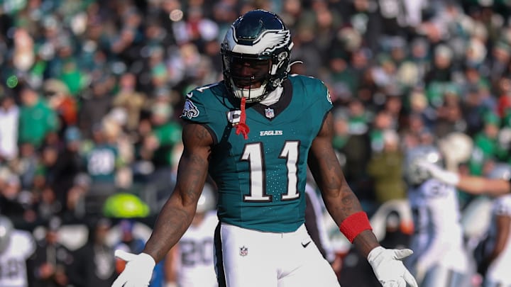 Dec 14, 2025; Philadelphia, Pennsylvania, USA; Philadelphia Eagles wide receiver A.J. Brown (11) reacts after an unsuccessful play against the Las Vegas Raiders during the second quarter at Lincoln Financial Field. Mandatory Credit: Bill Streicher-Imagn Images Dec 14, 2025; Philadelphia, Pennsylvania, USA; Philadelphia Eagles wide receiver A.J. Brown (11) reacts after an unsuccessful play against the Las Vegas Raiders during the second quarter at Lincoln Financial Field. Mandatory Credit: Bill Streicher-Imagn Images