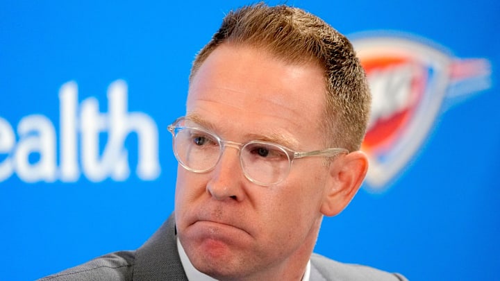 Thunder general manager Sam Presti speaks during an introductory press conference for the 2024 Thunder draft picks at Oklahoma Contemporary Arts Center in Oklahoma City, Saturday, June, 29, 2024.