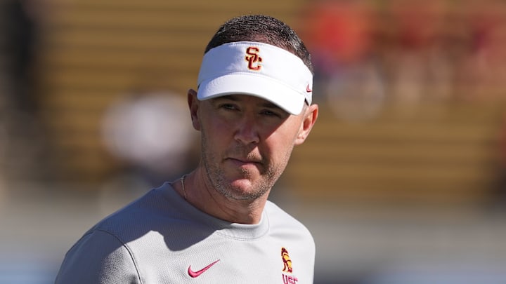 Oct 28, 2023; Berkeley, California, USA; USC Trojans head coach Lincoln Riley walks on the field before a game against the California Golden Bears at California Memorial Stadium. Mandatory Credit: Darren Yamashita-Imagn Images Oct 28, 2023; Berkeley, California, USA; USC Trojans head coach Lincoln Riley walks on the field before a game against the California Golden Bears at California Memorial Stadium. Mandatory Credit: Darren Yamashita-Imagn Images