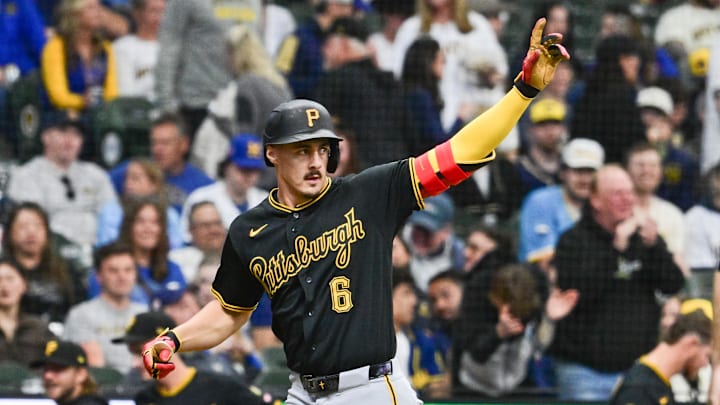 Apr 24, 2026; Milwaukee, Wisconsin, USA; Pittsburgh Pirates shortstop Konnor Griffin (6) reacts after hitting a solo home run in the third inning against the Milwaukee Brewers at American Family Field. Mandatory Credit: Benny Sieu-Imagn Images