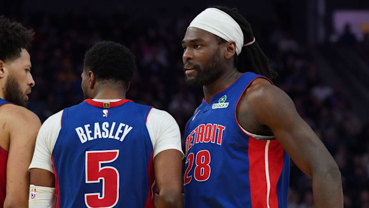 Mar 8, 2025; San Francisco, California, USA;  Detroit Pistons guard Cade Cunningham (2), guard Malik Beasley (5), and forward-center Isaiah Stewart (28) celebrate during a game against the Golden State Warriors in the third quarter at Chase Center. Mandatory Credit: David Gonzales-Imagn Images