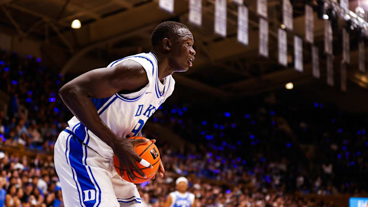 Oct 4, 2024; Durham, NC, USA; Duke Blue Devils center Khaman Maluach (9) looks on with the ball during Countdown to Craziness at Cameron Indoor Stadium. Mandatory Credit: Jaylynn Nash-Imagn Images