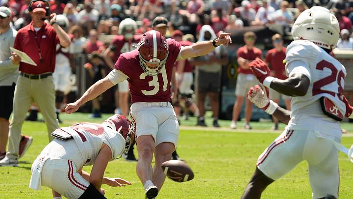 April 11, 2026; Tuscaloosa, AL, USA; Alabama Crimson Tide kicker Conor Talty (31) kicks a field goal at Bryant-Denny Stadium during the Alabama A Day scrimmage. April 11, 2026; Tuscaloosa, AL, USA; Alabama Crimson Tide kicker Conor Talty (31) kicks a field goal at Bryant-Denny Stadium during the Alabama A Day scrimmage.