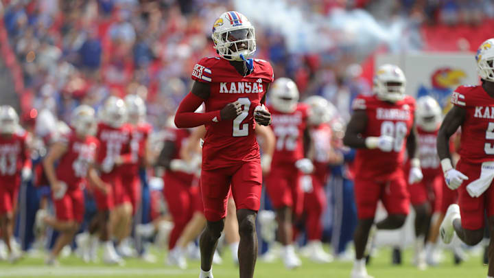 Kansas Jayhawks cornerback Cobee Bryant (2) runs on to GEHA Field at Arrowhead Stadium to take on TCU Saturday, September 28, 2024.
