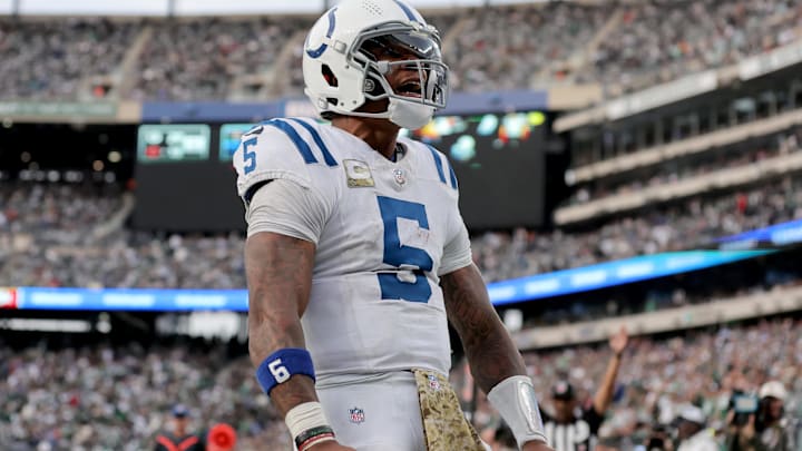 Nov 17, 2024; East Rutherford, New Jersey, USA; Indianapolis Colts quarterback Anthony Richardson (5) celebrates his touchdown against the New York Jets during the fourth quarter at MetLife Stadium. Mandatory Credit: Brad Penner-Imagn Images Nov 17, 2024; East Rutherford, New Jersey, USA; Indianapolis Colts quarterback Anthony Richardson (5) celebrates his touchdown against the New York Jets during the fourth quarter at MetLife Stadium. Mandatory Credit: Brad Penner-Imagn Images
