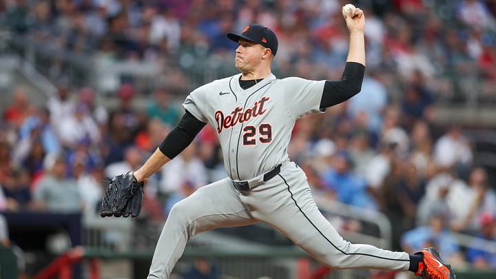 Apr 29, 2026; Atlanta, Georgia, USA; Detroit Tigers starting pitcher Tarik Skubal (29) throws against the Atlanta Braves in the second inning at Truist Park. 