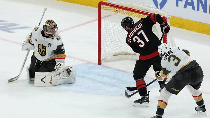 Jun 11, 2026; Raleigh, North Carolina, USA; Carolina Hurricanes right wing Andrei Svechnikov (37) scores against Vegas Golden Knights goaltender Carter Hart (79) and defenseman Brayden McNabb (3) during the third period in game five of the 2026 Stanley Cup Final at Lenovo Center. Mandatory Credit: Nathan Ray Seebeck-Imagn Images