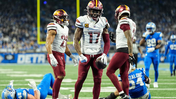 Washington Commanders wide receiver Terry McLaurin (17) celebrates a first down against Detroit Lions during the second half of the NFC divisional round at Ford Field in Detroit on Saturday, Jan. 18, 2025.