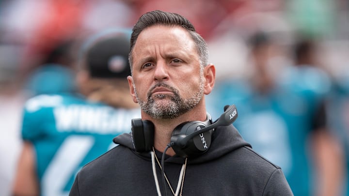 September 28, 2025; Santa Clara, California, USA; Jacksonville Jaguars defensive coordinator Anthony Campanile before the game against the San Francisco 49ers at Levi's Stadium. Mandatory Credit: Kyle Terada-Imagn Images