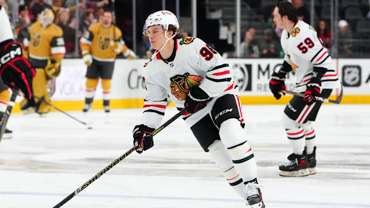 Feb 27, 2025; Las Vegas, Nevada, USA; Chicago Blackhawks center Connor Bedard (98) warms up before a game against the Vegas Golden Knights at T-Mobile Arena. Mandatory Credit: Stephen R. Sylvanie-Imagn Images