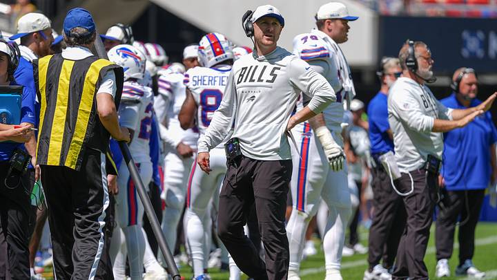 August 15, 2026; Orchard Park, New York, USA; Buffalo Bills head coach Joe Brady looks on from the sidelines during the first half against the Carolina Panthers August 15, 2026; Orchard Park, New York, USA; Buffalo Bills head coach Joe Brady looks on from the sidelines during the first half against the Carolina Panthers