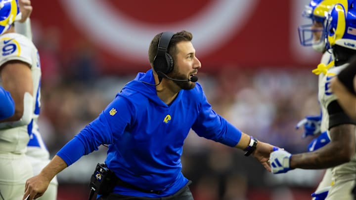 Nov 26, 2023; Glendale, Arizona, USA; Los Angeles Rams tight ends coach Nick Caley against the Arizona Cardinals at State Farm Stadium. Mandatory Credit: Mark J. Rebilas-USA TODAY Sports Nov 26, 2023; Glendale, Arizona, USA; Los Angeles Rams tight ends coach Nick Caley against the Arizona Cardinals at State Farm Stadium. Mandatory Credit: Mark J. Rebilas-USA TODAY Sports