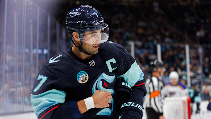 Oct 8, 2024; Seattle, Washington, USA; Seattle Kraken right wing Jordan Eberle (7) looks on against the St. Louis Blues during the first period at Climate Pledge Arena. Mandatory Credit: Caean Couto-Imagn Images