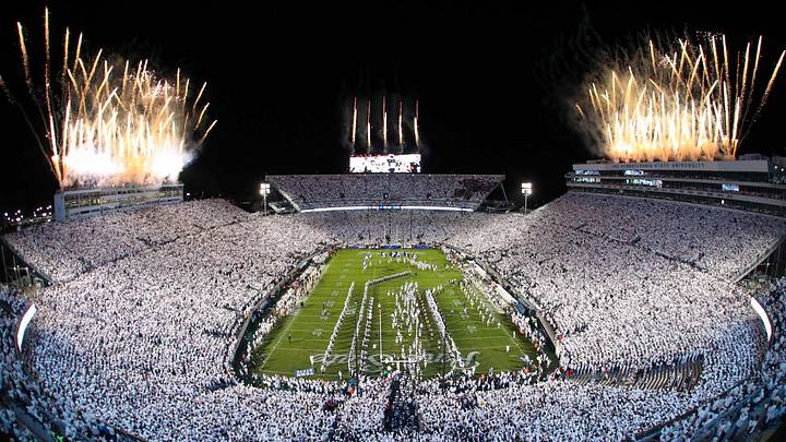 Fireworks burst overhead as the Penn State Nittany Lions take the field prior to a White Out game against the Washington Huskies at Beaver Stadium. Fireworks burst overhead as the Penn State Nittany Lions take the field prior to a White Out game against the Washington Huskies at Beaver Stadium.