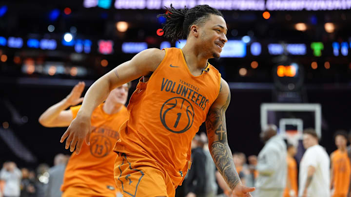 Mar 19, 2026; Philadelphia, PA, USA; Tennessee Volunteers guard Amari Evans (1) reacts during a practice session ahead of the first round of the men's 2026 NCAA Tournament at Xfinity Mobile Arena. Mandatory Credit: Kyle Ross-Imagn Images