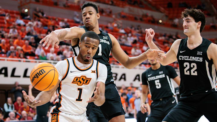 Feb 25, 2025; Stillwater, Oklahoma, USA; Oklahoma State Cowboys guard Bryce Thompson (1) goes after a rebound during the first half against the Iowa State Cyclones at Gallagher-Iba Arena. Mandatory Credit: William Purnell-Imagn Images Feb 25, 2025; Stillwater, Oklahoma, USA; Oklahoma State Cowboys guard Bryce Thompson (1) goes after a rebound during the first half against the Iowa State Cyclones at Gallagher-Iba Arena. Mandatory Credit: William Purnell-Imagn Images
