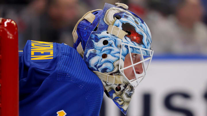 Feb 25, 2024; Buffalo, New York, USA;  Buffalo Sabres goaltender Ukko-Pekka Luukkonen (1) looks for