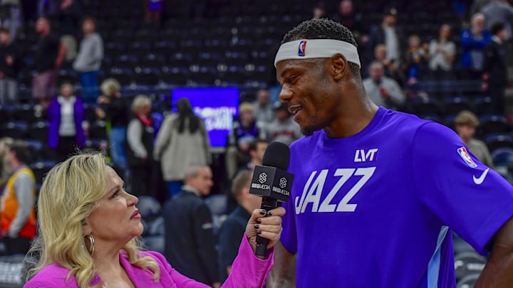 Mar 19, 2025; Salt Lake City, Utah, USA;  Utah Jazz forward/center Oscar Tshiebwe (34) is interviewed after the game against the Washington Wizards at the Delta Center. Mandatory Credit: Peter Creveling-Imagn Images