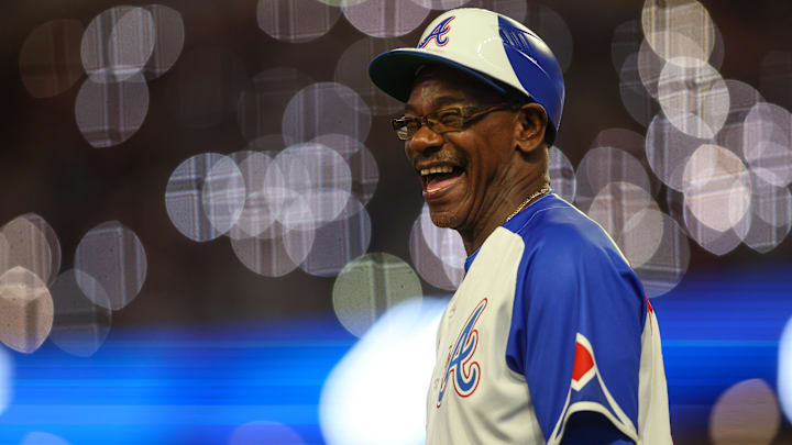 May 6, 2023; Atlanta, Georgia, USA; Atlanta Braves third base coach Ron Washington (37) reacts