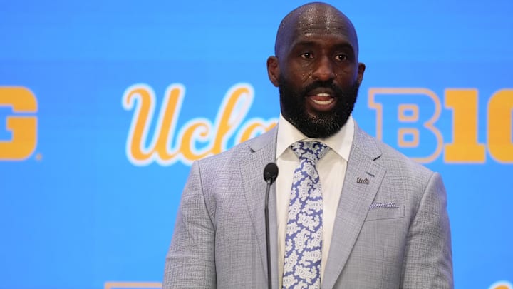 Jul 24, 2025; Las Vegas, NV, USA; UCLA head coach DeShaun Foster speaks to the media during the Big Ten NCAA college football media days at Mandalay Bay Resort. Mandatory Credit: Lucas Peltier-Imagn Images