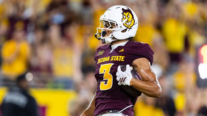 Oct 10, 2026; Tempe, Arizona, USA; Arizona State Sun Devils wide receiver Reed Harris (3) scores a touchdown against the Hawaii Rainbow Warriors in the first half at Mountain America Stadium. Mandatory Credit: Mark J. Rebilas-Imagn Images