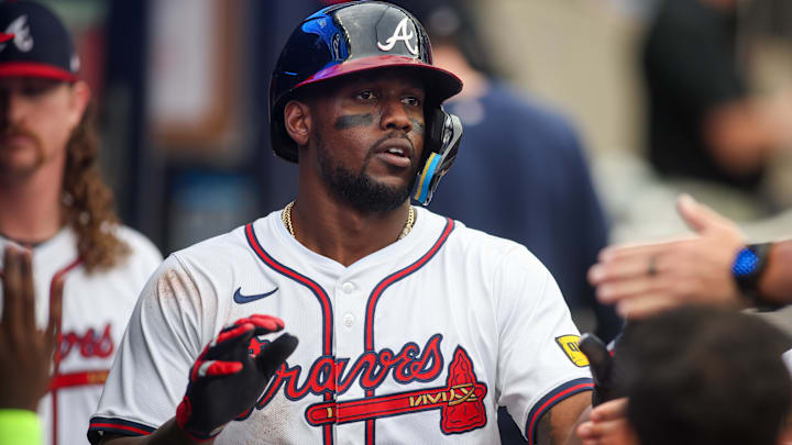 Sep 30, 2024; Atlanta, Georgia, USA; Atlanta Braves right fielder Jorge Soler (2) celebrates with teammates after scoring a run against the New York Mets in the second inning at Truist Park. Mandatory Credit: Brett Davis-Imagn Images