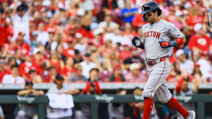 Mar 26, 2026; Cincinnati, Ohio, USA; Boston Red Sox pinch hitter Marcelo Mayer (11) scores on a RBI single hit by center fielder Ceddanne Rafaela (not pictured) in the seventh inning against the Cincinnati Reds at Great American Ball Park. Mandatory Credit: Katie Stratman-Imagn Images Mar 26, 2026; Cincinnati, Ohio, USA; Boston Red Sox pinch hitter Marcelo Mayer (11) scores on a RBI single hit by center fielder Ceddanne Rafaela (not pictured) in the seventh inning against the Cincinnati Reds at Great American Ball Park. Mandatory Credit: Katie Stratman-Imagn Images