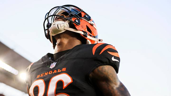 Aug 22, 2026; Cincinnati, Ohio, USA; Cincinnati Bengals wide receiver Colbie Young (86) reacts after scoring a touchdown against the Chicago Bears in the first half at Paycor Stadium. Mandatory Credit: Katie Stratman-Imagn Images