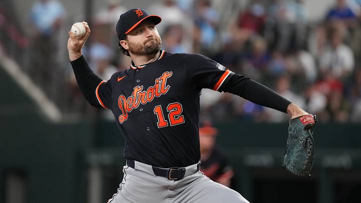 Jul 5, 2026; Arlington, Texas, USA; Detroit Tigers pitcher Casey Mize (12) throws to the plate against the Texas Rangers during the first inning at Globe Life Field. Mandatory Credit: Raymond Carlin III-Imagn Images Jul 5, 2026; Arlington, Texas, USA; Detroit Tigers pitcher Casey Mize (12) throws to the plate against the Texas Rangers during the first inning at Globe Life Field. Mandatory Credit: Raymond Carlin III-Imagn Images