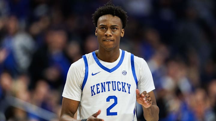 Feb 8, 2025; Lexington, Kentucky, USA; Kentucky Wildcats guard Jaxson Robinson (2) claps during the first half against the South Carolina Gamecocks at Rupp Arena at Central Bank Center. Mandatory Credit: Jordan Prather-Imagn Images