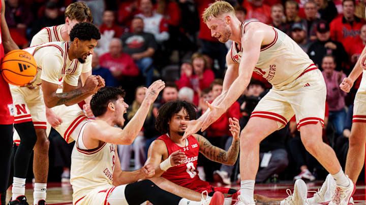 Dec 10, 2025; Lincoln, Nebraska, USA; Nebraska Cornhuskers forward Berke Buyuktuncel (9) and forward Rienk Mast (51) celebrate after drawing a foul against the Wisconsin Badgers during the first half at Pinnacle Bank Arena. Mandatory Credit: Dylan Widger-Imagn Images Dec 10, 2025; Lincoln, Nebraska, USA; Nebraska Cornhuskers forward Berke Buyuktuncel (9) and forward Rienk Mast (51) celebrate after drawing a foul against the Wisconsin Badgers during the first half at Pinnacle Bank Arena. Mandatory Credit: Dylan Widger-Imagn Images