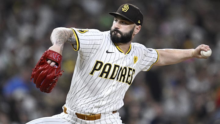 Aug 12, 2024; San Diego, California, USA; San Diego Padres relief pitcher Tanner Scott (66) pitches against the Pittsburgh Pirates during the eighth inning at Petco Park. Mandatory Credit: Orlando Ramirez-Imagn Images Aug 12, 2024; San Diego, California, USA; San Diego Padres relief pitcher Tanner Scott (66) pitches against the Pittsburgh Pirates during the eighth inning at Petco Park. Mandatory Credit: Orlando Ramirez-Imagn Images