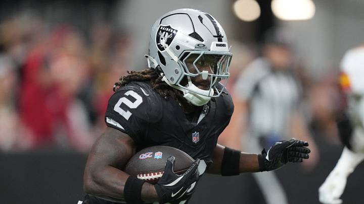 Jan 4, 2026; Paradise, Nevada, USA; Las Vegas Raiders running back Ashton Jeanty (2) carries the ball against the Kansas City Chiefs in the first half at Allegiant Stadium. Jan 4, 2026; Paradise, Nevada, USA; Las Vegas Raiders running back Ashton Jeanty (2) carries the ball against the Kansas City Chiefs in the first half at Allegiant Stadium.