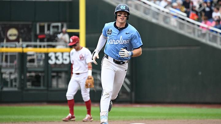 Jun 21, 2026; Omaha, NE, USA;  North Carolina Tar Heels center fielder Owen Hull (8) circles the bases after hitting a home run against the Oklahoma Sooners during the fifth inning at Charles Schwab Field. Mandatory Credit: Steven Branscombe-Imagn Images