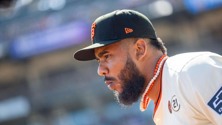 Sep 15, 2024; San Francisco, California, USA; San Francisco Giants outfielder Jerar Encarnacion (59) walks onto the field before the game against the San Diego Padres at Oracle Park. Mandatory Credit: Bob Kupbens-Imagn Images