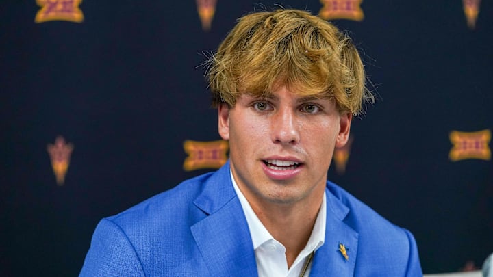 Jul 8, 2025; Frisco, TX, USA; Arizona State quarterback Sam Leavitt answers questions from the media during 2025 Big 12 Football Media Days at The Star. Mandatory Credit: Raymond Carlin III-Imagn Images