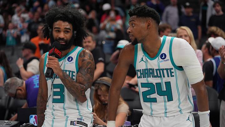 Apr 14, 2026; Charlotte, North Carolina, USA; Charlotte Hornets guard Coby White (3) alongside forward Brandon Miller (24) give an interview after the overtime win during the play-in rounds between the Charlotte Hornets and the Miami Heat of the 2026 NBA Playoffs at Spectrum Center. Mandatory Credit: Jim Dedmon-Imagn Images Apr 14, 2026; Charlotte, North Carolina, USA; Charlotte Hornets guard Coby White (3) alongside forward Brandon Miller (24) give an interview after the overtime win during the play-in rounds between the Charlotte Hornets and the Miami Heat of the 2026 NBA Playoffs at Spectrum Center. Mandatory Credit: Jim Dedmon-Imagn Images