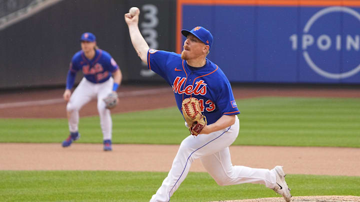 Jun 17, 2023; New York City, New York, USA; New York Mets pitcher Jeff Brigham (43) delivers a pitch against the St. Louis Cardinals during the seventh inning at Citi Field. Mandatory Credit: Gregory Fisher-Imagn Images Jun 17, 2023; New York City, New York, USA; New York Mets pitcher Jeff Brigham (43) delivers a pitch against the St. Louis Cardinals during the seventh inning at Citi Field. Mandatory Credit: Gregory Fisher-Imagn Images